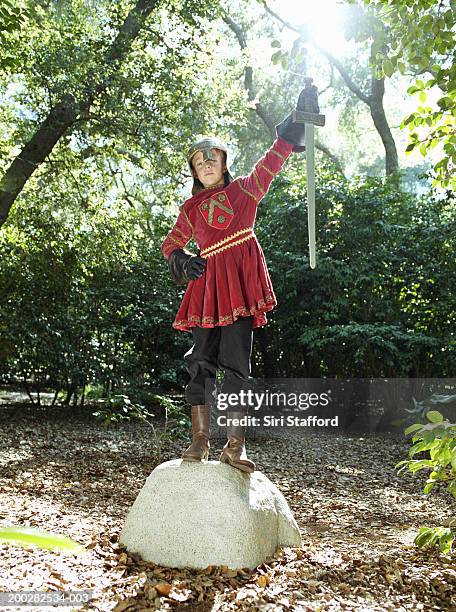 boy (9-11) in knight's costume standing on rock, holding sword - koning arthur stockfoto's en -beelden