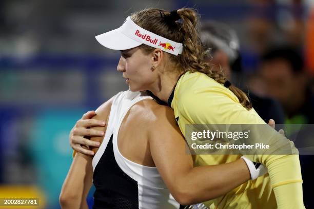 Elena Rybakina of Kazakhstan hugs Daria Kasatkina after victory during the final match on day 7 of the Mubadala Abu Dhabi Open, part of the Hologic...
