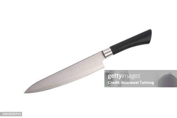 sharp...do not touch! chef's kitchen knife isolated on white background - couteau photos et images de collection