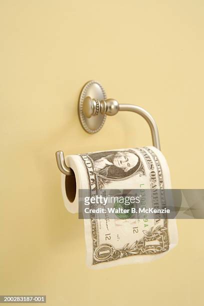 us dollar bill on bathroom tissue roll - b roll stock pictures, royalty-free photos & images