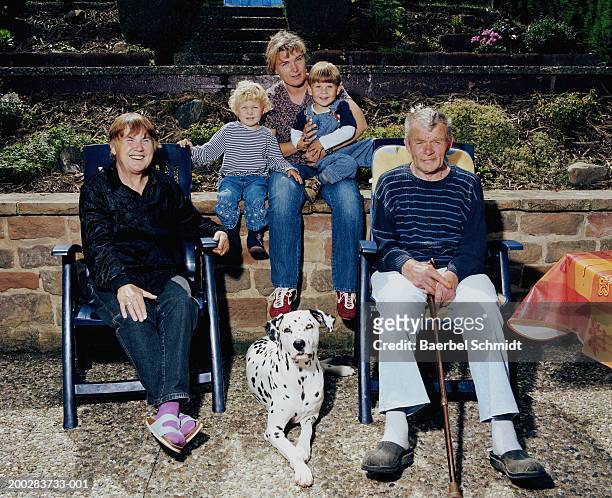 grandparents, mother and twins (3-5) with dog, portrait - grandma cane stock pictures, royalty-free photos & images