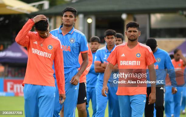 Players of India look dejected following defeat to Australia during the ICC U19 Men's Cricket World Cup South Africa 2024 Final between India and...