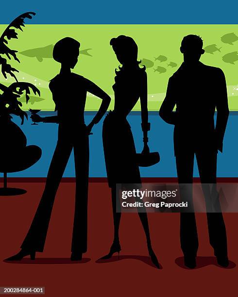 silhouette of three adults standing in club, aquarium in background - animals in captivity stock illustrations