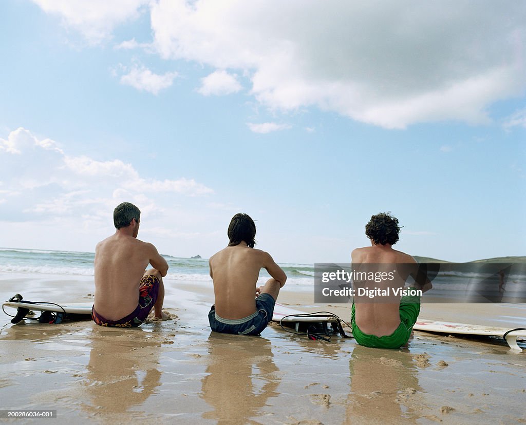 Three men sitting on wet sand by surfboards, rear view