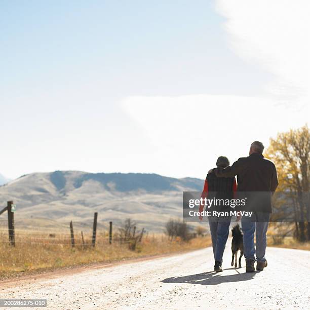 senior man and woman with dog walking down dirt road, rear view - bozeman stock pictures, royalty-free photos & images