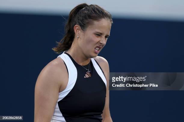 Daria Kasatkina reacts while playing against Elena Rybakina of Kazakhstan during the final match on day 7 of the Mubadala Abu Dhabi Open, part of the...