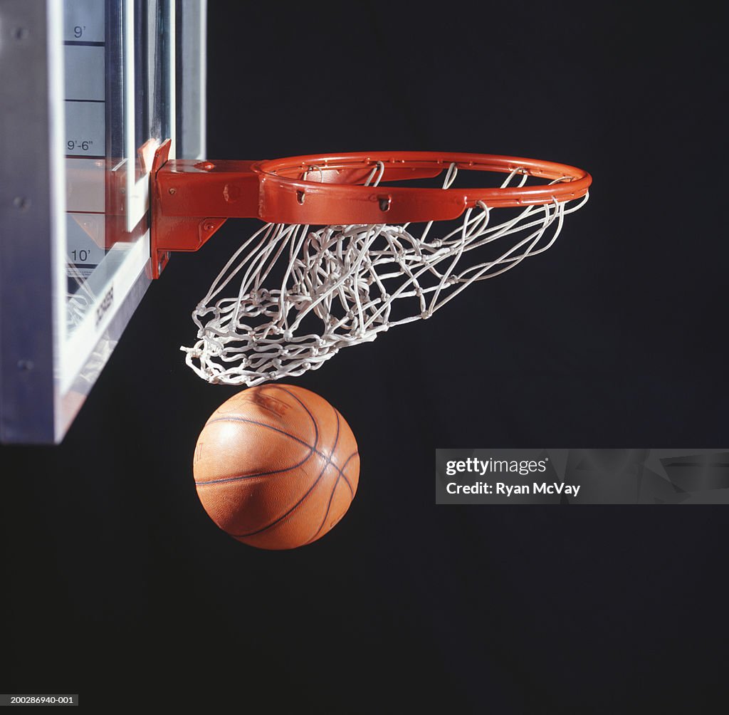 Basketball in hoop, close-up