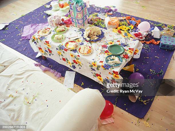 birthday party aftermath, elevated view - after party mess stock pictures, royalty-free photos & images