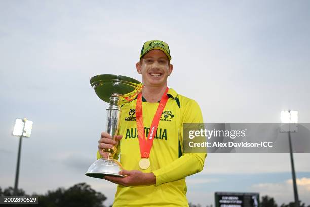 Hugh Weibgen, Captain of Australia, poses for a photograph with the ICC U19 Men's Cricket World Cup trophy after the ICC U19 Men's Cricket World Cup...