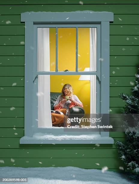 woman sitting in sofa reading book, snow falling outside - hot drink stock pictures, royalty-free photos & images