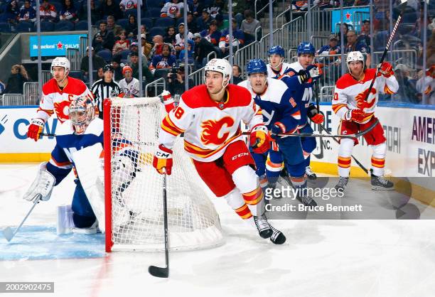 Andrew Mangiapane of the Calgary Flames skates against the New York Islanders at UBS Arena on February 10, 2024 in Elmont, New York.