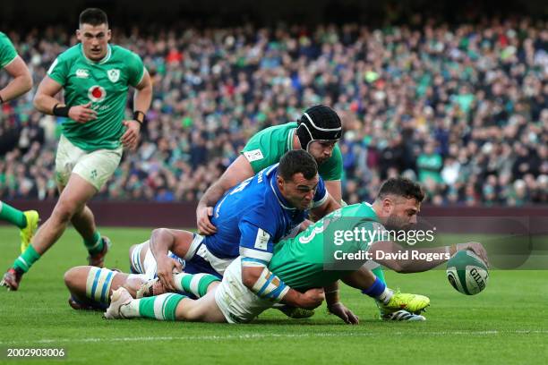 Robbie Henshaw of Ireland scores his team's fifth try which is later disallowed during the Guinness Six Nations 2024 match between Ireland and Italy...