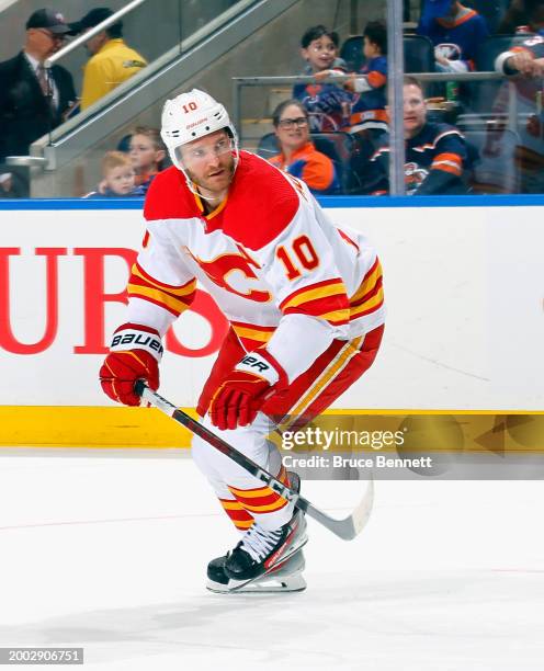 Jonathan Huberdeau of the Calgary Flames skates against the New York Islanders at UBS Arena on February 10, 2024 in Elmont, New York.