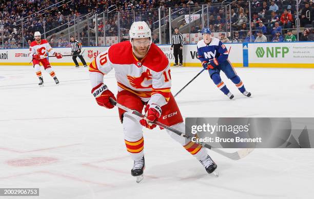 Jonathan Huberdeau of the Calgary Flames skates against the New York Islanders at UBS Arena on February 10, 2024 in Elmont, New York.