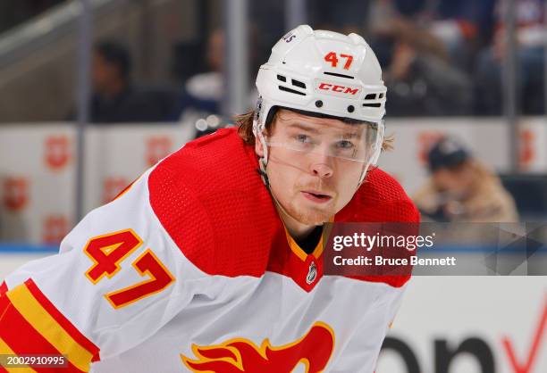 Connor Zary of the Calgary Flames skates against the New York Islanders at UBS Arena on February 10, 2024 in Elmont, New York.