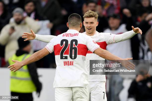 Deniz Undav of VfB Stuttgart celebrates scoring his team's third goal during the Bundesliga match between VfB Stuttgart and 1. FSV Mainz 05 at...