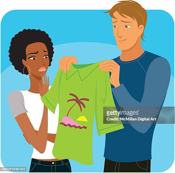 man and woman looking at shirt with palm tree printed on front - bizarre fashion stock illustrations