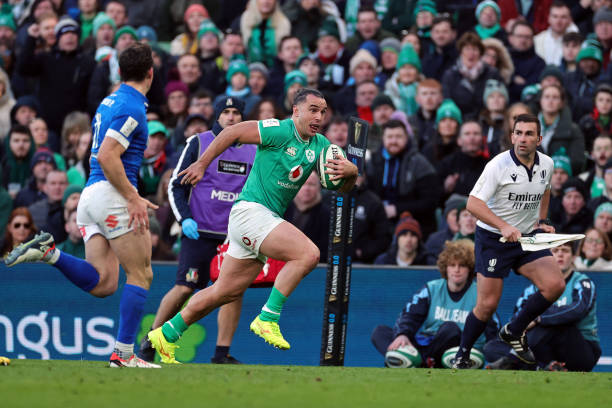 James Lowe of Ireland runs through to score his team's fifth try during the Guinness Six Nations 2024 match between Ireland and Italy at Aviva...