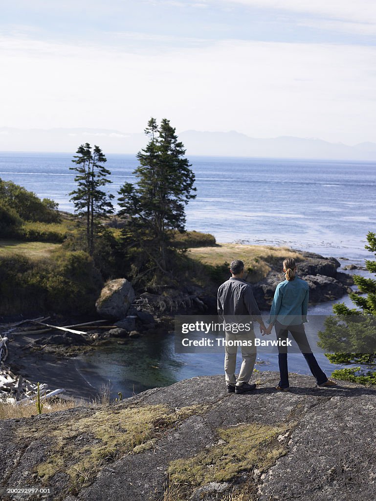 Man and woman standing on rocky hillside overlooking sea, rear view