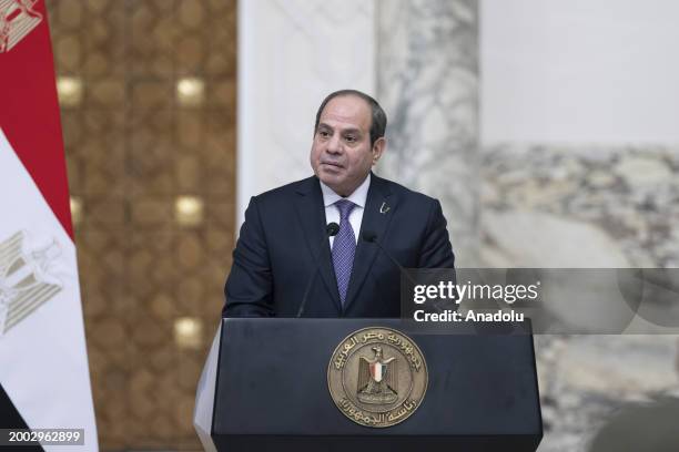 Turkish President Recep Tayyip Erdogan holds a joint press conference with his Egyptian counterpart Abdel Fattah al-Sisi after their official meeting...