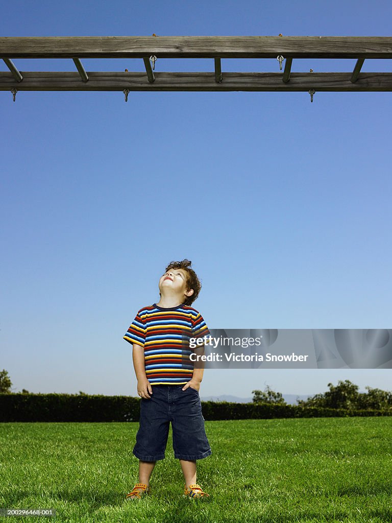 Boy (3-5) looking up at monkey bars