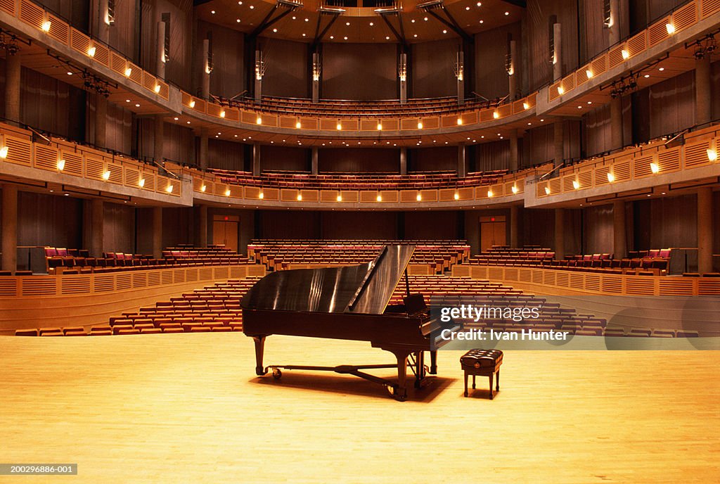 Piano on stage in empty theater