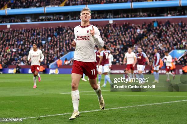 Rasmus Hojlund of Manchester United celebrates scoring his team's first goal during the Premier League match between Aston Villa and Manchester...