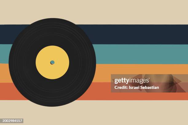 digital handmade illustration of a vinyl record seen from above with a retro coloured background. - música pop fotografías e imágenes de stock