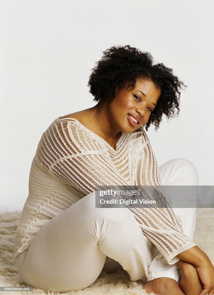 Lady On Rug Young Woman Sitting On Rug Smiling Portrait High-Res Stock Photo ...