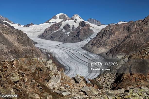 panorama of great aletsch glacier (grosser aletschgletscher), the largest glacier in the alps, valais, switzerland. - aletsch glacier stock pictures, royalty-free photos & images