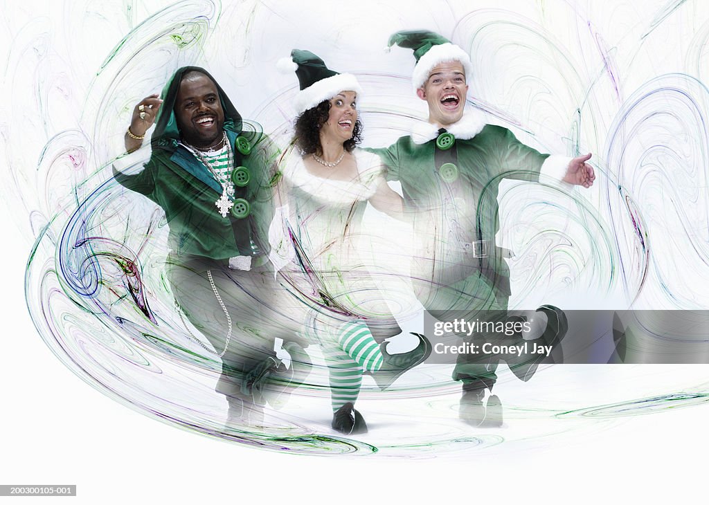 Three christmas elves dancing in line, laughing and cheering, portrait