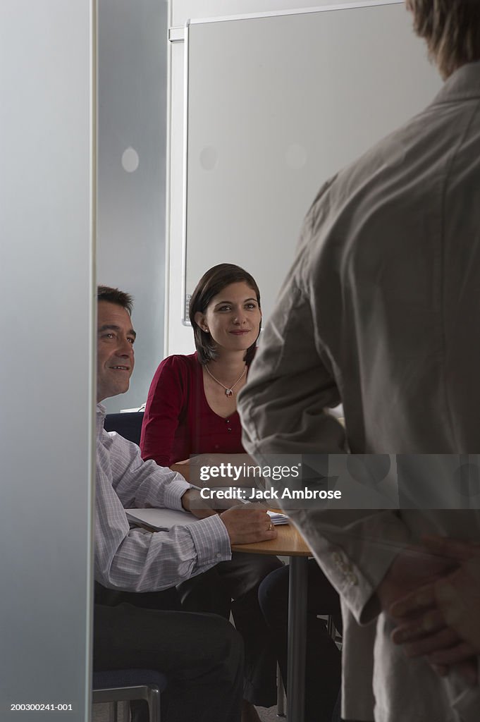 Woman and two male colleagues in meeting, view through glass, close-up