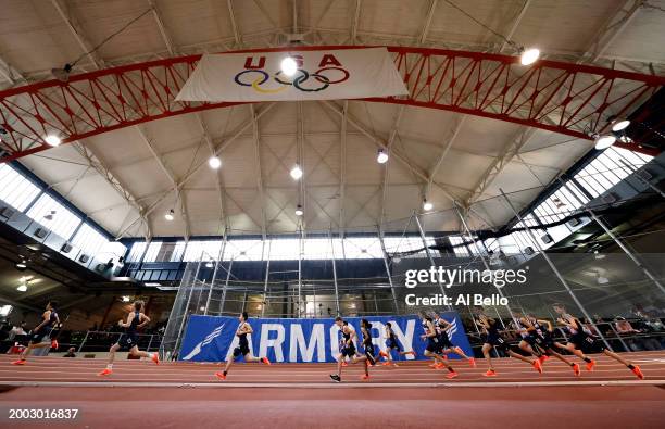 Athletes in the Rising NYRR Youth Boy's 800m competeduring the 116th Millrose Games at The Armory Track on February 11, 2024 in New York City.