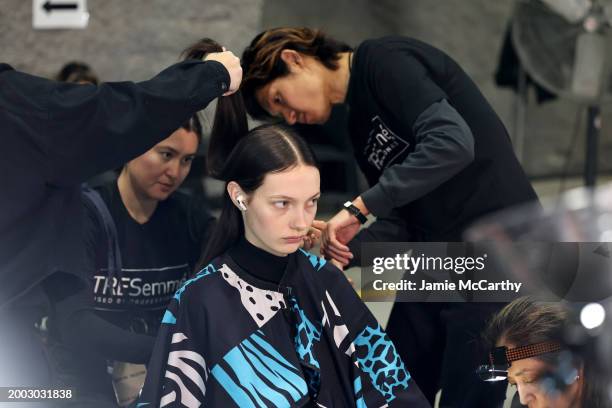 Model prepares backstage during the Jason Wu fashion show during New York Fashion Week: The Shows on February 11, 2024 in New York City.