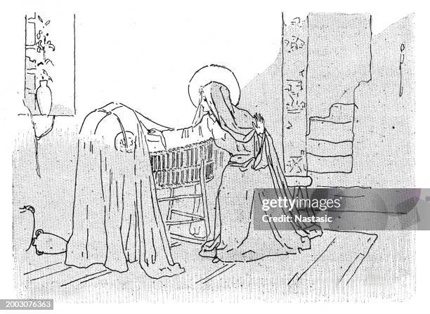 illustrations, cliparts, dessins animés et icônes de la sainte vierge au berceau - papier gratté