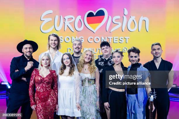 February 2024, Berlin: Marie Reim , Leona, Bodine Monet, Mona and Paul von Galant, Ryk, Max Mutzke , NinetyNine, Floryan and Isaak, stand on stage...