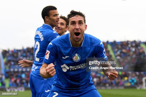 Jaime Mata of Getafe CF celebrates after scoring the team's second goal during the LaLiga EA Sports match between Getafe CF and Celta Vigo at...