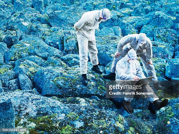 three men in protective clothing on rocks, looking at laptop computer - arctic stock pictures, royalty-free photos & images