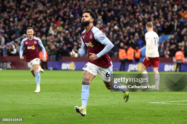 Douglas Luiz of Aston Villa celebrates after scoring his team's first goal during the Premier League match between Aston Villa and Manchester United...