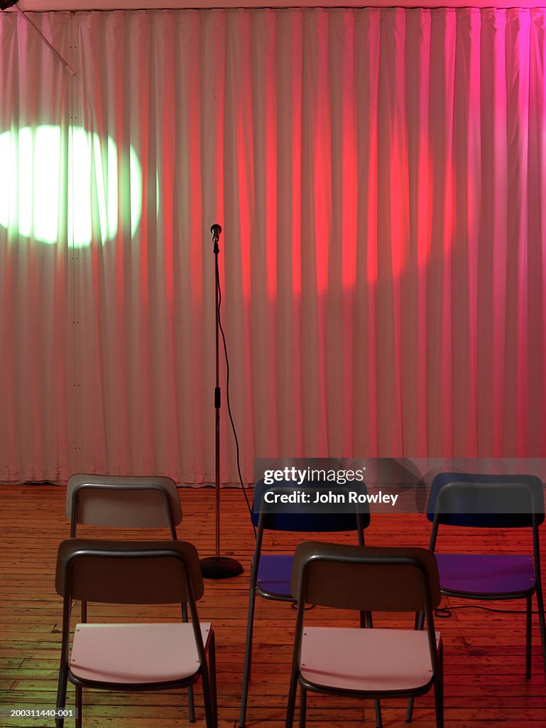 Empty chairs facing microphone