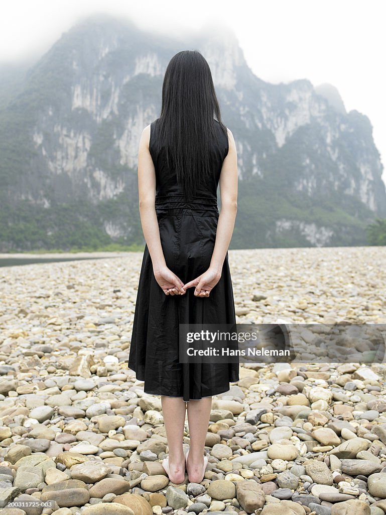 Teenage girl (17-19) facing mountain, rear view