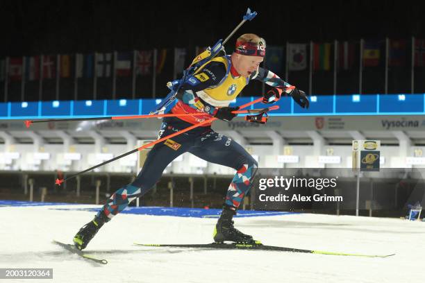 Johannes Thingnes Boe of Norway leaves the shooting range to take over the lead after the last shooting during the Men's 12.5k Pursuit at the IBU...