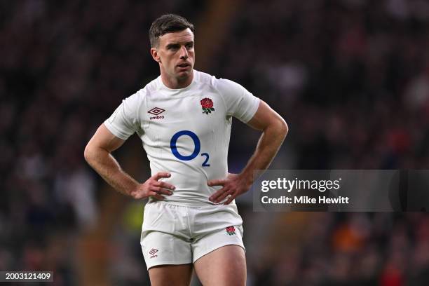 George Ford of England waits for the scrum to reset during the Guinness Six Nations 2024 match between England and Wales at Twickenham Stadium on...