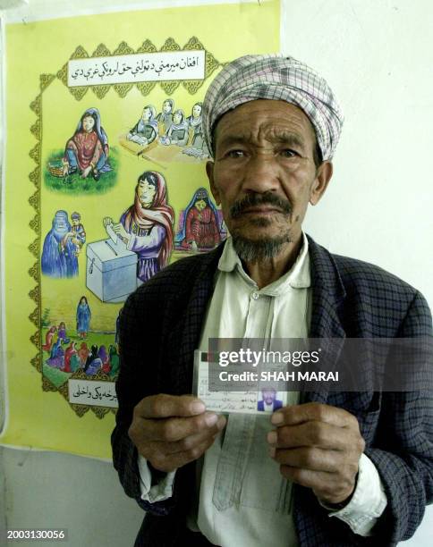 Sixty-five year old Afghan man Faiz Hussain poses with his voter registration card at a registration office in Kabul, 06 July 2004. Already delayed...