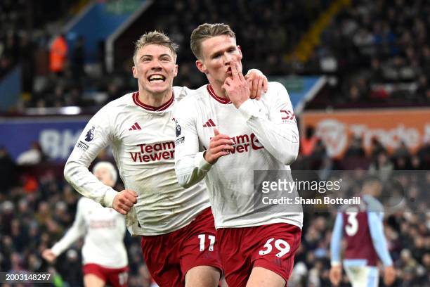 Scott McTominay of Manchester United celebrates with teammate Rasmus Hojlund after scoring his team's second goal during the Premier League match...