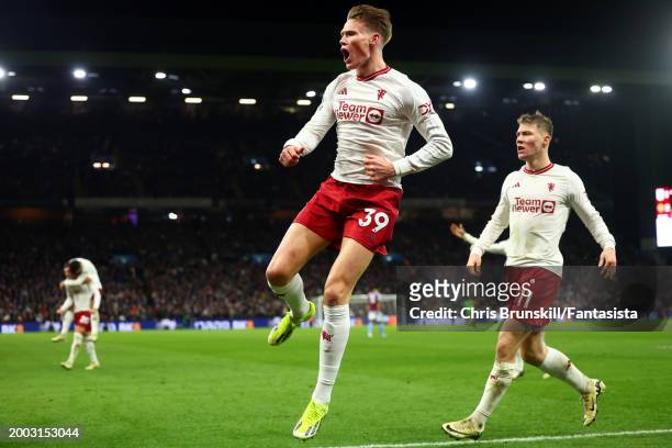 Scott McTominay of Manchester United celebrates scoring his side's second goal during the Premier League match between Aston Villa and Manchester...
