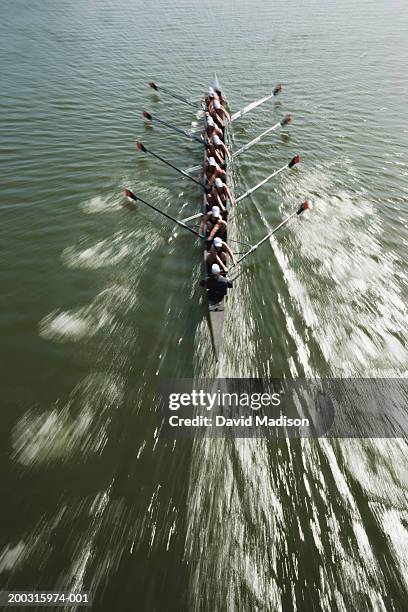 eight person rowing shell with coxswain (blurred motion) elevated view - coxed rowing bildbanksfoton och bilder