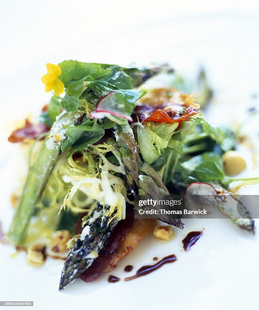 Mixed greens and asparagus salad, elevated view
