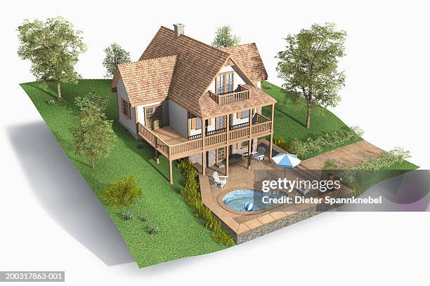house with pond and veranda, elevated view (digital) - indoor pool stock illustrations