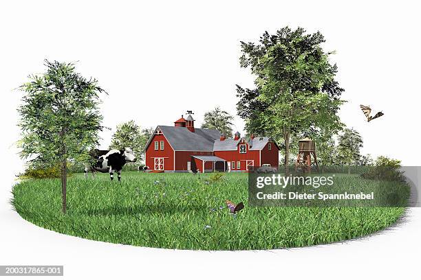 farmhouse in field with cow and butterflies (digital) - gras stock illustrations